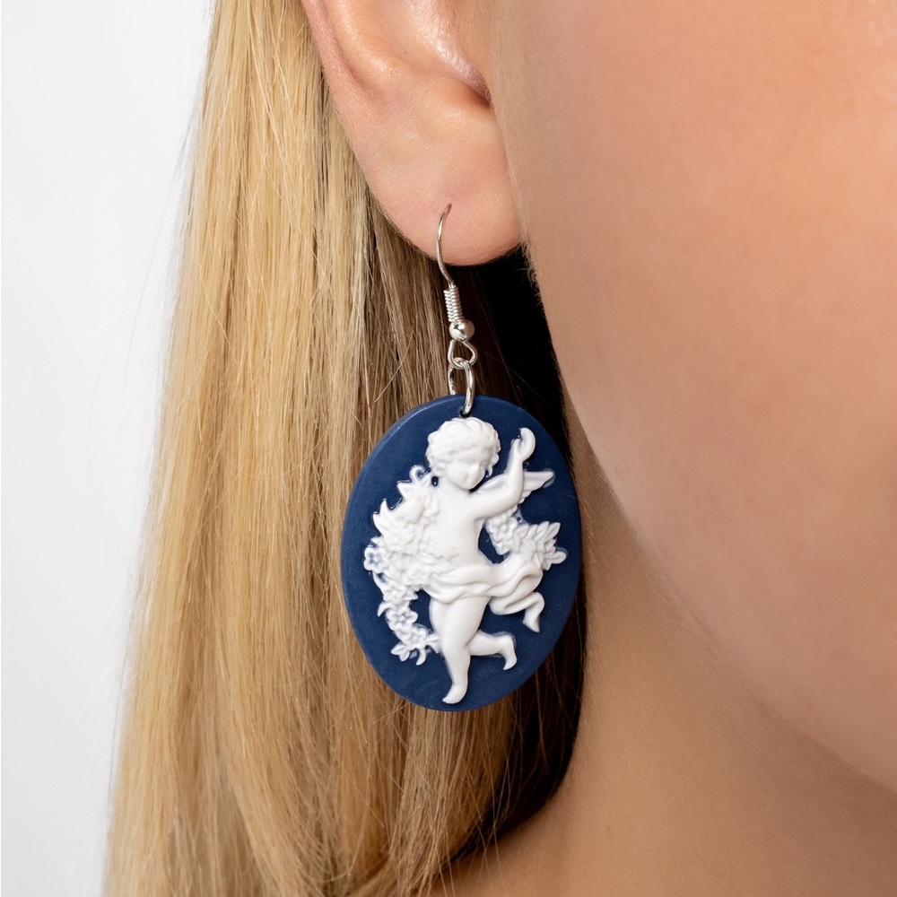 Blue and White Cameo Earrings - Picture 2 of 2